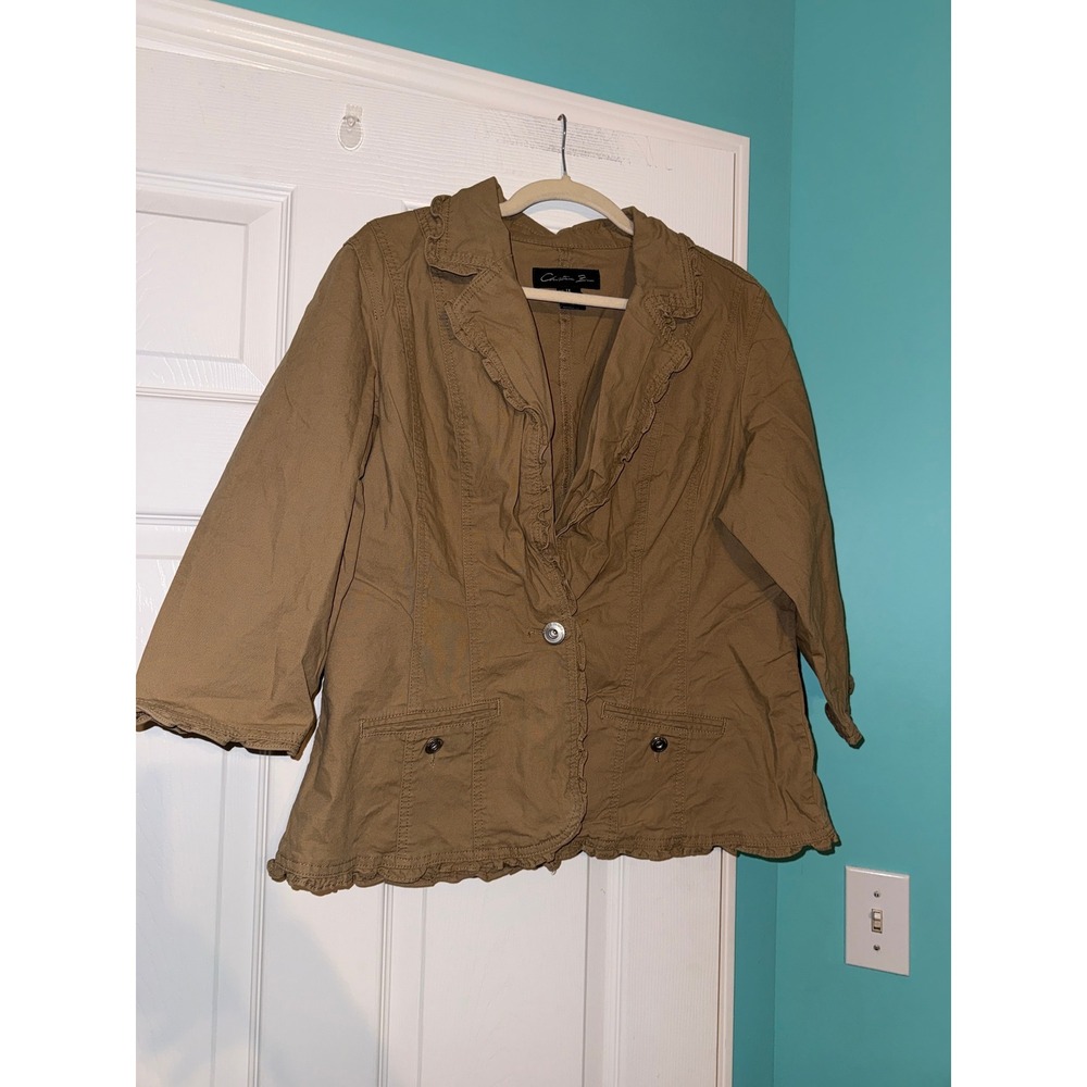 Christiana Zinn Khaki Tan Ruffle Trim Blazer Jacket 1X Cotton Spandex 3/4 Sleeve